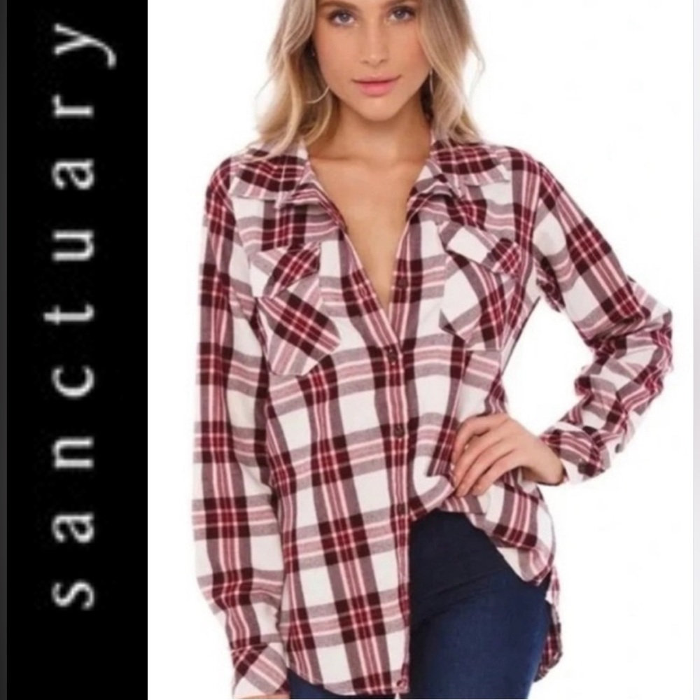 NWT SANCTUARY Boyfriend For Life Shirt Renegade Plaid | Burgundy Cream | Medium